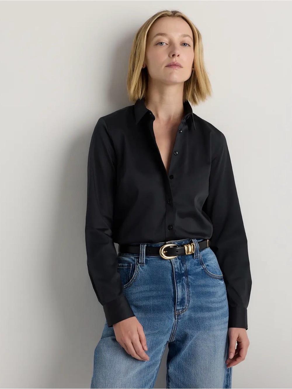 Quince Organic Stretch Cotton Tailored Black Long Sleeve Shirt Small